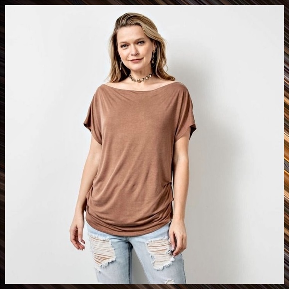 EASEL Ruched Sides Slouchy Short Dolman Sleeves Slinky Boat Neck Top Scooped Hem - Picture 7 of 13